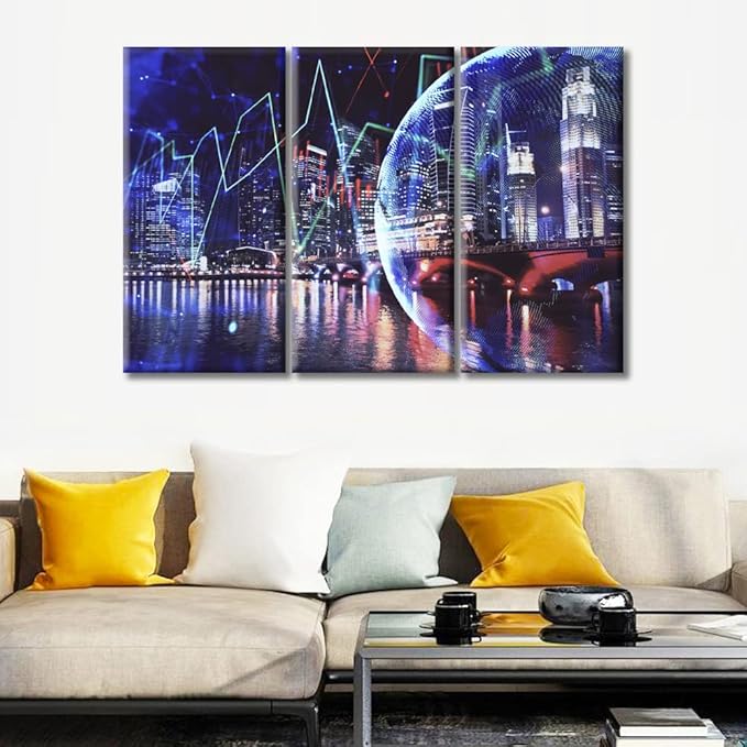TUMOVO Wall Art 3 PiecesFinancial Chart on City Scape with Tall Buildings Background Paintings Wall Decor for Bedroom Print on Canvas Stretched and Framed Ready to Hang (42" Wx28 H)