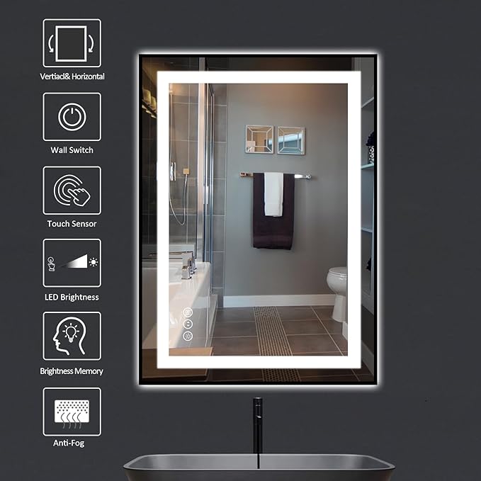Amorho 20"x 28" LED Bathroom Mirror with Black Frame, Front Light and Backlit, Stepless Dimmable, Anti-Fog, Shatter-Proof, Memory, 3 Colors, Double LED Vanity Mirror