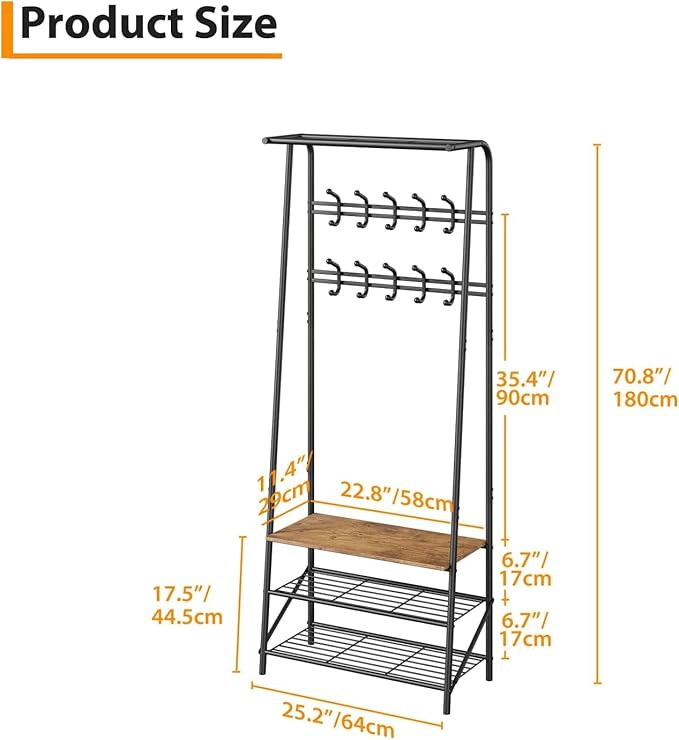 Entryway Hall Tree with Shoe Rack, Hall Tree Coat Rack with Hooks, 25” Freestanding Metal Coat Rack with Shoe Storage, Compact Entryway Organizer for Hallway and Bathroom