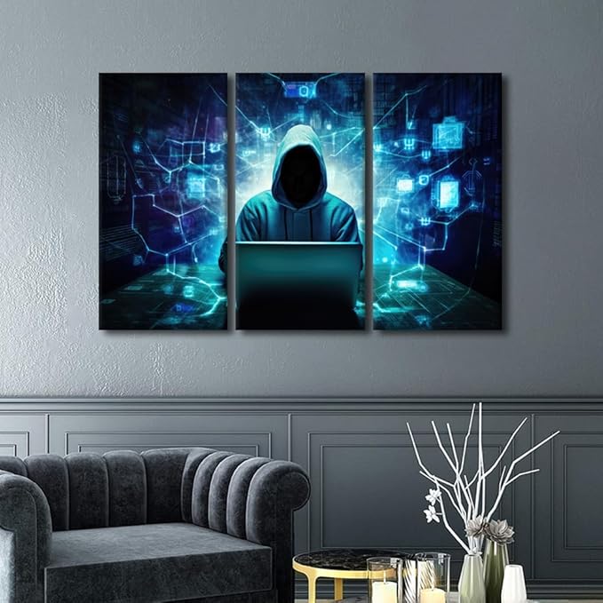 3 Pieces Framed Wall Art AI Big Data Canvas Painting Hacker Malware Pictures Canvas Print Home Office Modern Wall Decor Hacker Posters Giclee Gallery-Wrapped Framed Ready to Hang, 60" Wx40 H