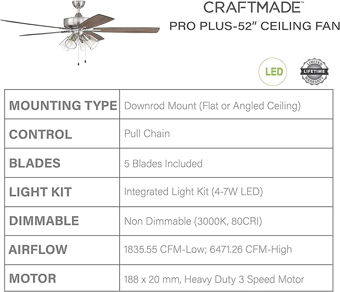 Craftmade S104BNK5-60DWGWN Super Pro 60" Ceiling Fan with LED Lights & Pull Chain, 5 Reversible Driftwood/Grey Walnut MDF Blades, Brushed Polished Nickel