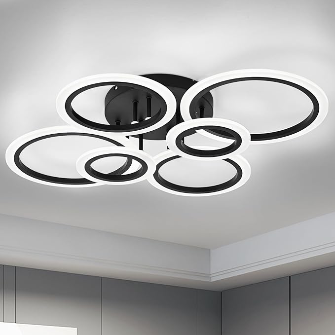 Vikaey Modern LED Flush Mount Ceiling Light, 6 Rings Black Close to Ceiling Light Fixtures, Living Room Lighting Fixture Ceiling Lamp for Kitchen, Bedroom, Laundry Room, 4000K Not Dimmable