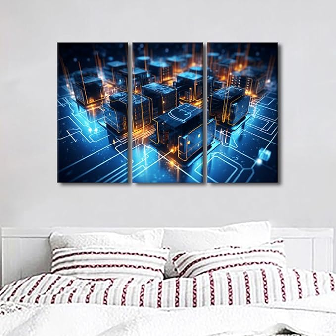 TUMOVO 3 Panel Wall Art for Living Room Artificial Intelligence Artwrok Picture Poster, Digital Network Posters and Prints for Home Wall Decoration, Wooden Framed Ready to Hang, 42" Wx28 H