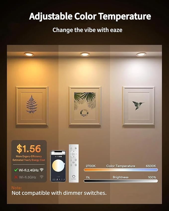 Lumary Smart Recessed Lighting 4 Inch with Remote, Compatible with Alexa/Google, Canless WiFi Led Wafer Recessed Lights, RGBWW Ceiling Downlight with J-Box and Metal Anti-Glare Baffle Trim, 4PACK