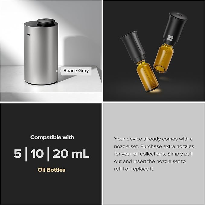 Airversa Waterless Essential Oil Diffuser Starter Kit with 4 x 10mL Fragrance Scent Oil, Battery Operated Mini Scent Air Machine Portable Diffuser for Home Car Office, ANX Titanium Kit-A