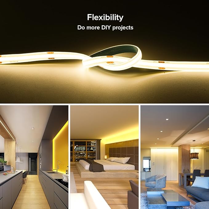 16.4FT COB LED Strip Light IP65 Waterproof DC24V 3000K Warm White Dimmable Strips, 320LEDs/m High Density Flexible Uniform Lights for DIY Home Decor, Cabinet, No Adapter/Controller