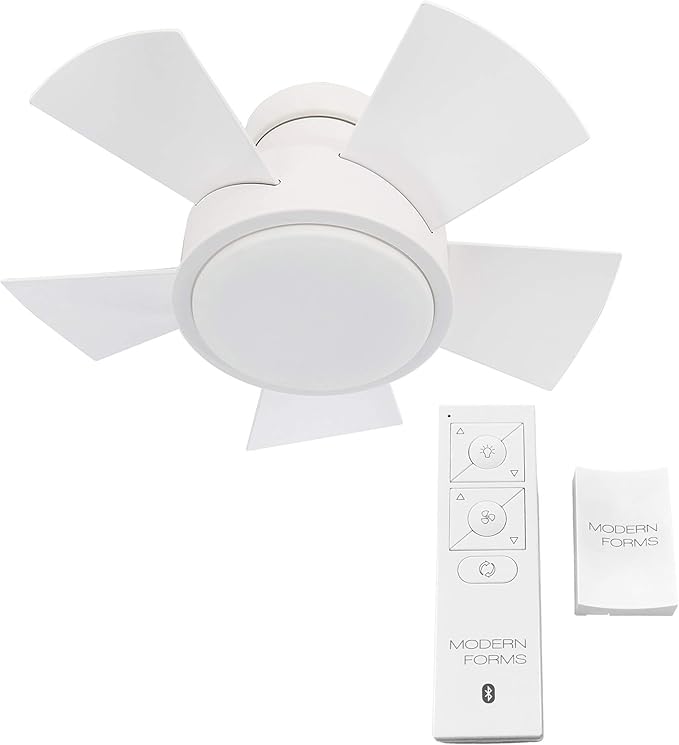 Modern Forms Vox Indoor and Outdoor 5-Blade Smart Flush Mount Ceiling Fan 26in Matte White with 3000K LED Light Kit and Remote Control, (FH-W1802-26L-MW)