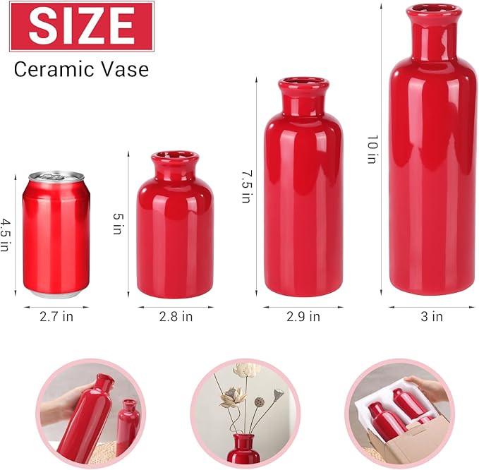 Small Ceramic Vase Set of 3, Boho Modern Flower Vase Room Decor, Farmhouse Decor, Vases for Your Kitchen, Bathroom, Bedroom, Living Room, Office&Shelf Centerpiece Table Decorations, Red