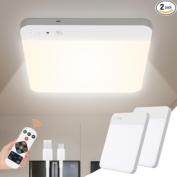 Rechargeable Motion Sensor Ceiling Light with Remote - Motion Sensor Closet Light, 400LM Magnetic Wireless Battery Operated Lights for Bathroom Shower Pantry Stairs Hallway Laundry Porch -2Pack