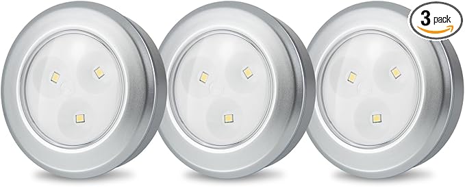 LUXSWAY Puck Light, LED Tap Light Push Lights, Battery Operated Stick On Night Light, Portable Under Cabinet Lights and Counter Lighting for Kitchen Sink, Shelf, 3-Pack, Silver