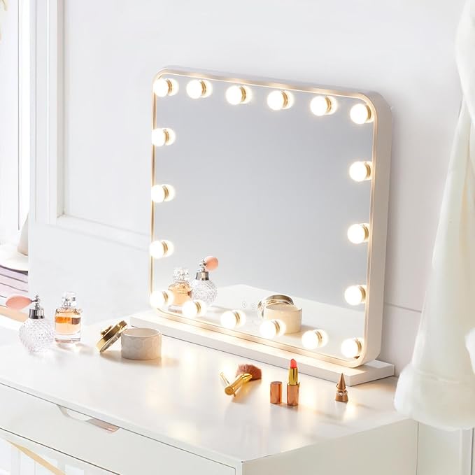 LUXFURNI Large Hollywood Vanity Mirror with Lights, 25" Lx21 W Lighted Makeup Mirror with 18 Dimmable Bulbs, Smart Touch Control 3 Color Lighting Modes, White
