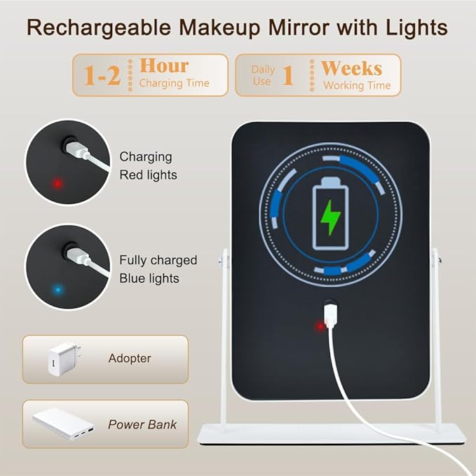 Small Desk Mirror with Lights, Lighted Makeup Mirror with Light, Portable Tabletop Make Up Mirror for Desk, Vanity Mirror with Lights,Smart Touch Control, Dual Power Supply, 360°Rotation