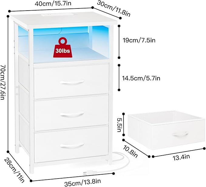 Fixwal White Nightstand with Charging Station, LED Night Stand with 3 Fabric Drawers and Open Shelf, Bedside End Table in Bedroom