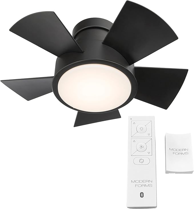 Modern Forms Vox Indoor and Outdoor 5-Blade 26in Smart Flush Mount Ceiling Fan in Matte Black with 3000K LED Light Kit and Remote Control Works with Alexa and iOS or Android App