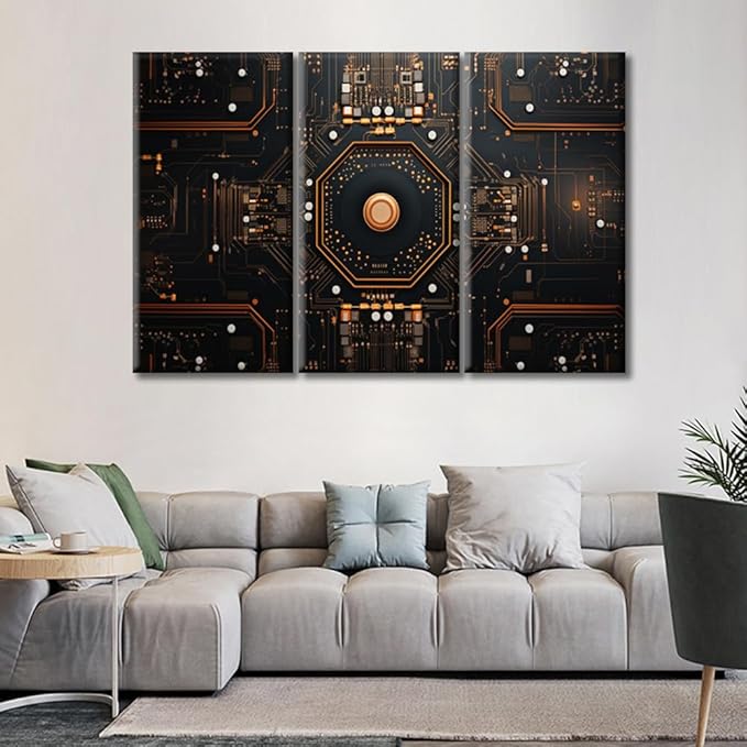 Advanced Electronic Circuit Modern Wall Art 3 Panels Computer Processors CPU Picture Contemporary Artwork Print On Canvas Bedroom Wall Art for Living Room Framed Ready to Hang 60"Wx40"H