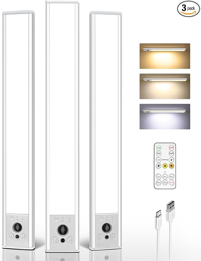 EZVALO 3-Pack Under Cabinet Lighting, 4000mAh Rechargeable Motion Sensor Light, 16inch Magnetic Closet Lights with Dimmable & 3 Color Temps, Wireless Motion Activated Lights with Remote for Kitchen