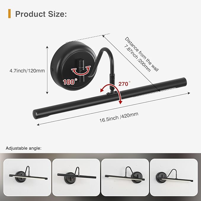 JOOSENLUX Picture Lights for Paintings Hardwired 16.5" Inch Long Dimmable Black Wall Lights with Adjustable Lighting Direction 110V 3000K