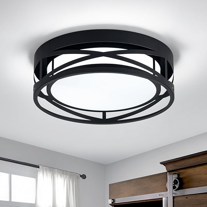 Modern LED Ceiling Light Fixture, 6000K Round LED Flush Mount Hallway Light Fixtures, Farmhouse Black Close to Ceiling Light for Hallway Bedroom Balcony Porch Stairway(Round, 12.6INCH)