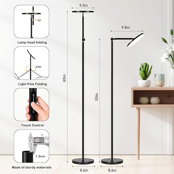 Floor Lamps for Living Room, 30W Super Bright LED Standing Lamp, Stepless Dimmable Tall Torchiere Lamp with Remote & Touch Control, Modern Floor Lamp for Bedroom & Office -Black