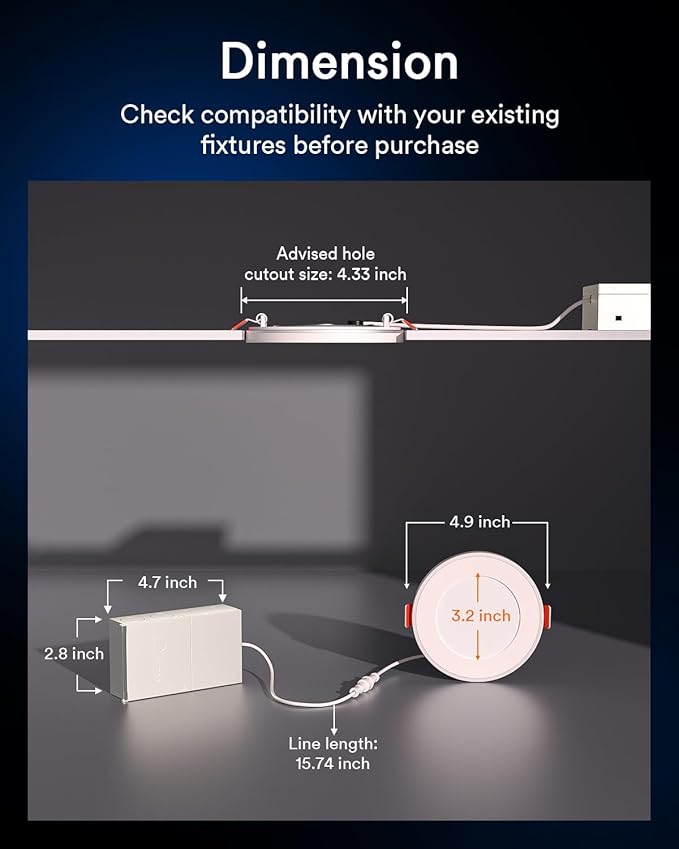 Lumary RGBAI Smart Recessed Lighting 4 Inch with Gradient Accent and Night Ring, 9W 780LM WiFi Canless Wafer Downlight with Junction Box, LED Downlight Work with Alexa/Google Assistant/Siri, 1PCS