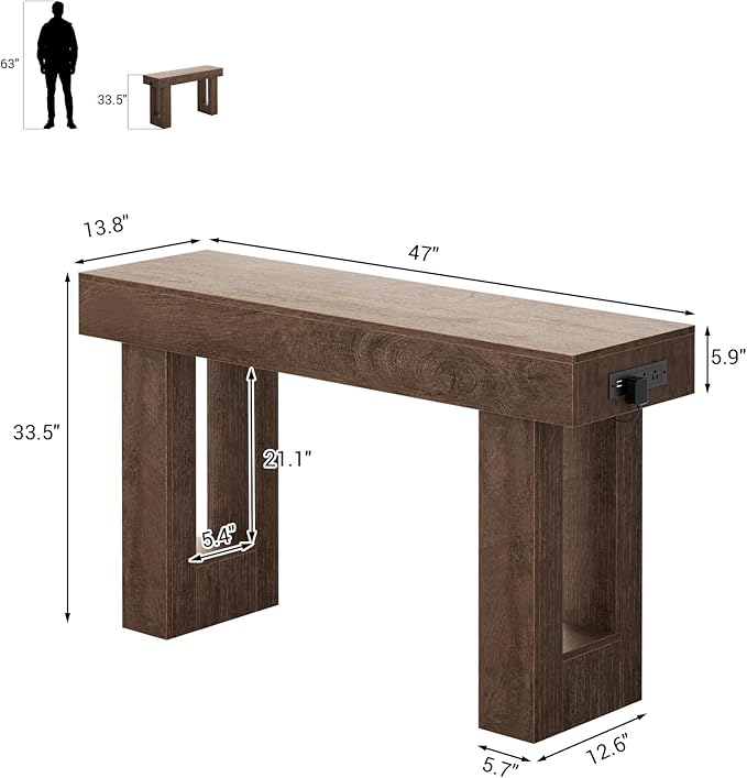 Unikito 47" Entryway Table with Socket and Sensor Light, Narrow Console Table with Storage Behind Couch, Farmhouse Entry Way Tables with Open Storage for Entrance/Hallway/Living Room Rustic Oak