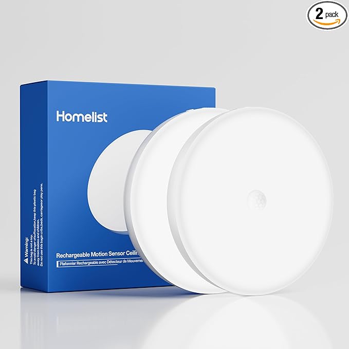 Homelist 2026 New 12000mAh Rechargeable Ceiling Light, Motion Sensor Ceiling Light with Remote, Battery Operated Closet Light for Shower, Garage, Porch, 6500K Cool White, 2 Pack