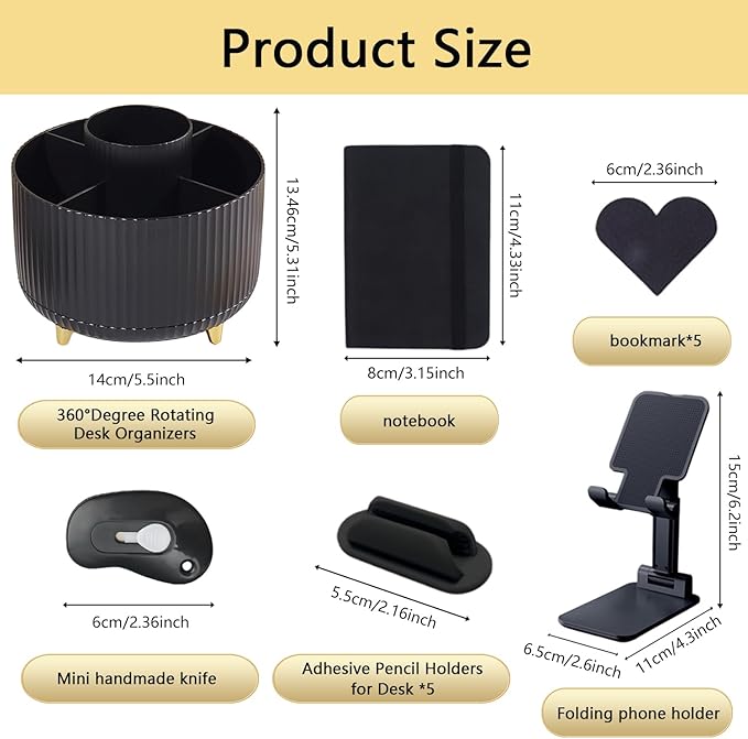 Office Supplies,Desk Accessories,with Stapler, Tape Dispenser,Desk Organizer,Folding Phone Holder,Pen,Journal Notebook,Scissor,Staple Remover,Staples,Clear Tape,Sticky Notes,Paper Clips,Bookmark,Ect