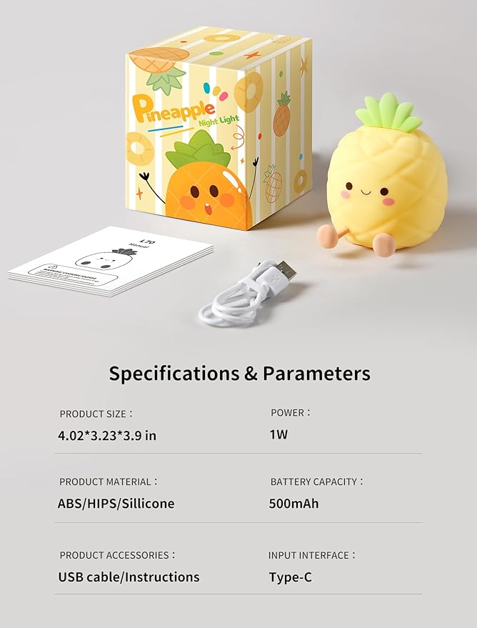 Pineapple Night Light for Kids, Nursery Night Light, Bedside Touch Lamp, Cute Silicone Nightlight for Baby Toddler, 3 Level Dimmable,Christmas Gifts for Baby,Adults,Toddler Girl Room Decor