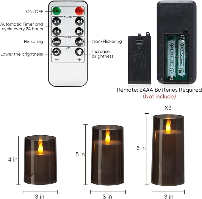 Amagic 3"×4" 5" 6" 6" 6" Gray Flameless Candles with Remote and Timer, Realistic Flickering Battery Operated Acrylic Led Fake Candles for Home Wedding Party Fall Christmas Decor, Set of 5