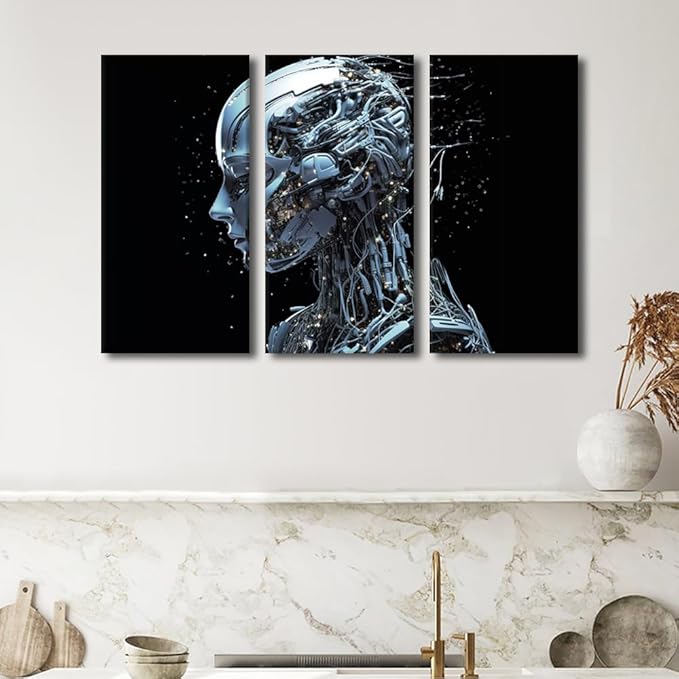 Modern Wall Art 3 Panel Concept Wall Art Female Robot Face Pictures Print On Canvas Wall Decor for Living Room, Wooden Framed Gallery-Wrapped Ready to Hang, 42" Wx28 H