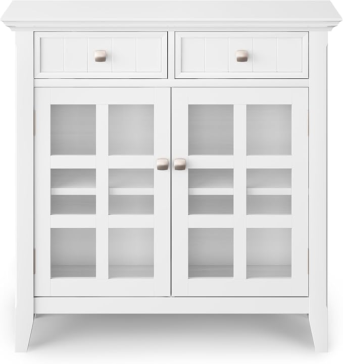 SIMPLIHOME Acadian Solid Wood 48 inch Wide Storage Bench that Seats 2 and 36 inch Wide Storage Cabinet in White for the Living Room, Entryway, and Family Room, Transitional Style