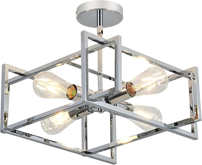 ZGLAOJT 4-Lights Ceiling Light Chrome Light Fixture Industrial Flush Mount Ceiling Light Farmhouse Chandelier Lighting for Kitchen Island Dining Room Bedroom Foyer Hallway.