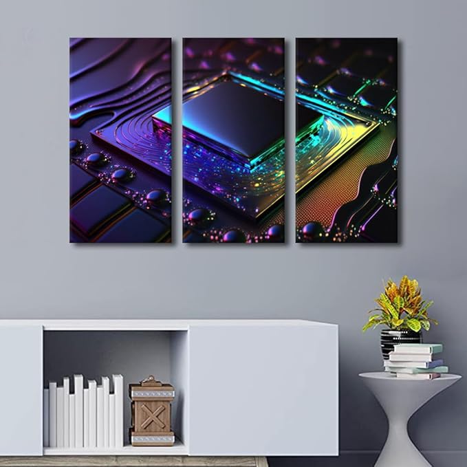 3 Panel Wall Art Computer Processor Poster on Canvas, Framed Wall Art Artificial Intelligence Wall Decoration Modern Artwork Giclee Stretched Framed Ready to Hang, 42" Wx28 H