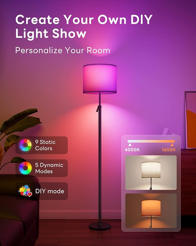 Floor Lamp for Living Room with RGBCW Color Changing Bulbs Dimmable, Adjustable Height Standing Lamp with Remote Control, 10W 1200 Lumen, Tall Lamp for Living Room, Bedroom, Office, Black