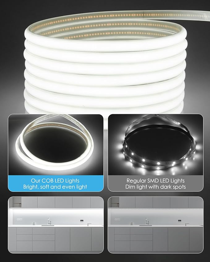 Aclorol 5V COB LED Strip 10FT 960 LEDs Dimmable Waterproof LED Strip Lights with Self-Adhesive for Kitchen Cabinet Bathroom Mirror Vanity Display Case 3D Printer Lighting Cold White 6000K CRI90+