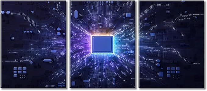 TUMOVO Computer Processors CPU Modern Home Decor 3 Panels Technology Science Poster Artwork Pictures Canvas Wall Art for Bedroom, Living Room, Office. Ready to Hang (36" Wx16 H)