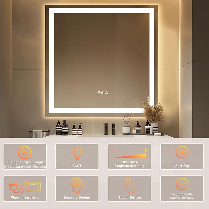 36"x 36" LED Bathroom Mirror with Stepless Dimmable, Backlight Wall Mirrors with Anti-Fog Bathroom Digital Mirror for Wall, 3 Color Modes, Memory Function Smart Mirror