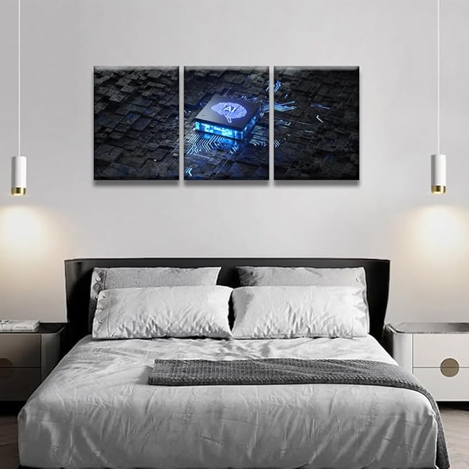 LSIUHWUWI Wall Art for Living Room Printed AI Artificial Intelligence Concept Pictures Print on Canvas, 3 Piece Modern Canvas Wall Decoration Artwork Giclee Framed Ready to Hang, 12x16inchx3