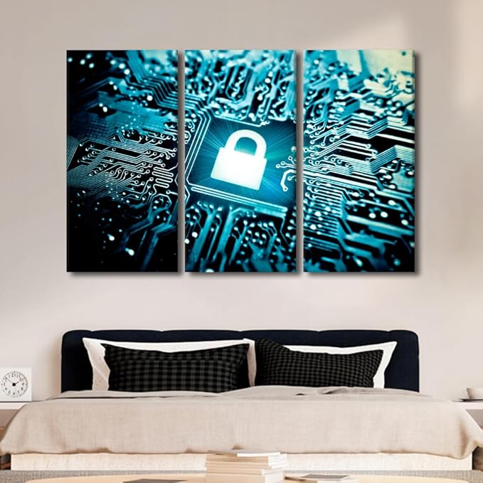 AI Intelligence Wall Art Canvas Prints Security Lock Symbol Wall Art Wall Decor 3 Pieces Canvas Wall Art AI Painting Room Wall Decor Modern Artwork Stretched and Framed Ready to Hang, 60"Wx40"H