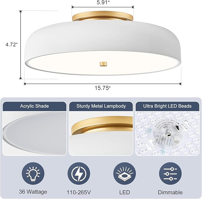 Dimmable LED Ceiling Light, White and Gold Light Fixture, Mid-Century Semi Flush Mount Ceiling Light 5CCT 2700K-6000K Ceiling Lamp for Laundry Room Kitchen, Bedroom, Hallway(15.8in)