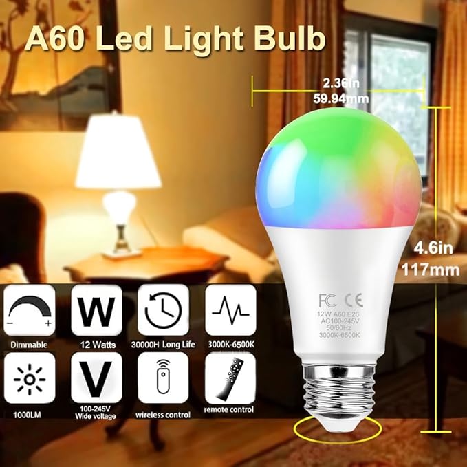 GRV 12W A60 Smart LED Light Bulb with a 2.4GHz Remote Control,RGBCW Color Changing,Stepless Dimmable 3000-6500K,100W Incandescent Lamp Equivalent,1000LM CRI>80,E26 Base,Home Decor,2 Bulbs & 1 Remote