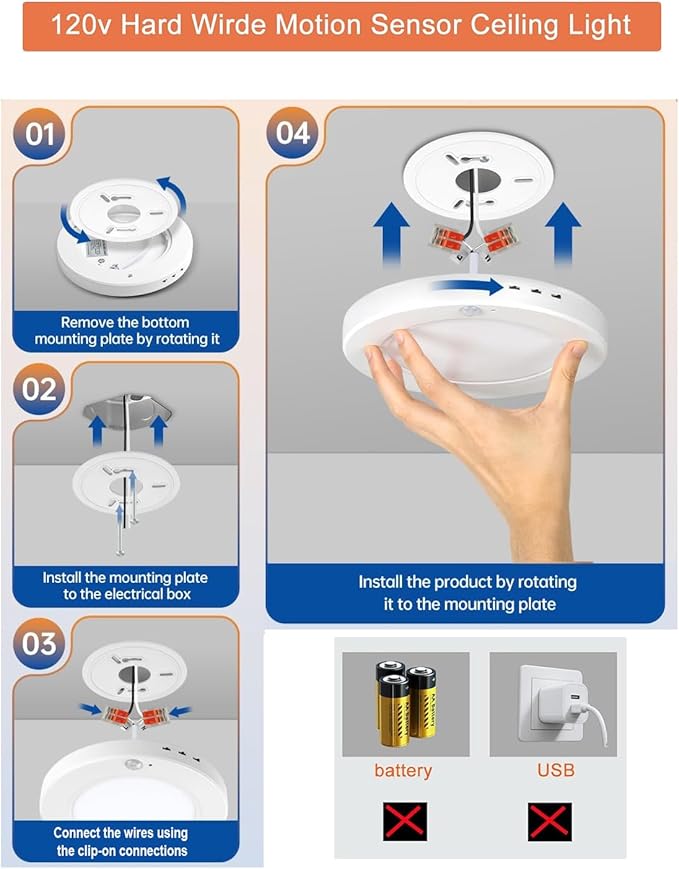 4-Pack Motion Sensor Ceiling Light Wired, 7.5 Inch 3000K 4000K 6000K Selectable LED Flush Mount Light Fixture, 15W Motion Activated Light with Timer for Hallway Stair Walk-in Closet