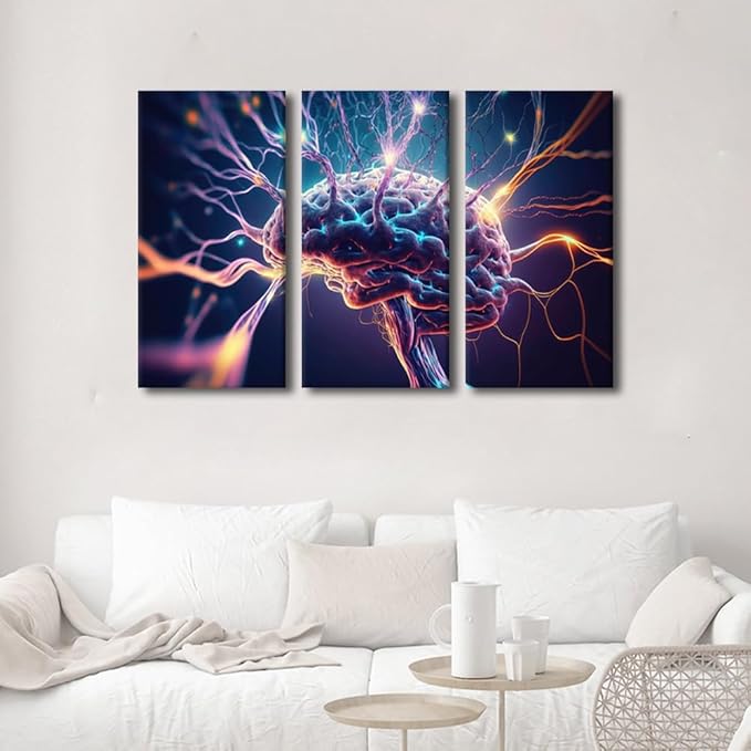 TUMOVO Future Technology Canvas Painting Wall Art 3 Pieces Brain Close-Up Wall Art Neurons Firing and Neural Extensions Wall Art for Home Office Wall Decoration, Framed Ready to Hang, 36" Wx24 H