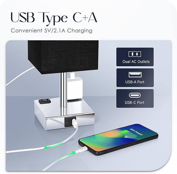 Soilsiu Set of 2 Bedside Table Lamp 3 Way Dimmable Nightstand Lamp with USB C & USB A Charging Port, 2 AC Outlets, 3000K LED Bulbs (Black)
