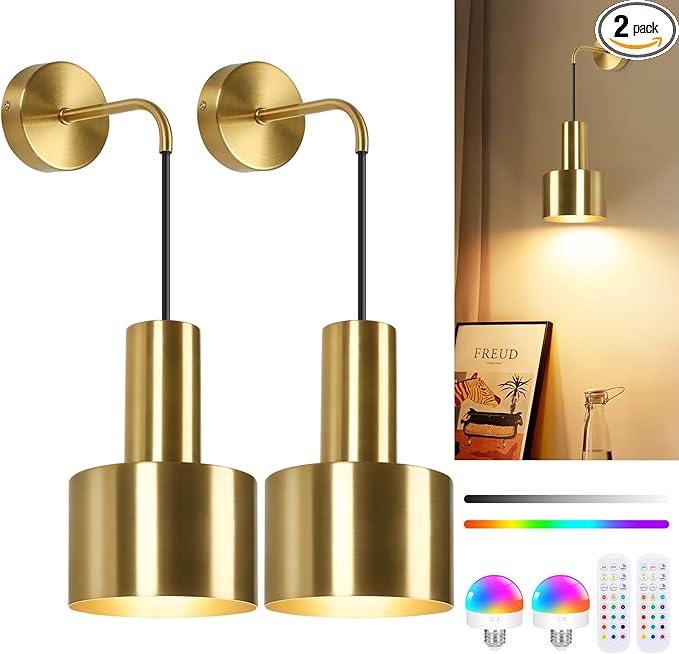 VerRon Rechargeable Battery Operated Wall Sconce Set of Two, Gold Wireless Battery Powered Lights with Dimmable Detachable Bulbs & Remote, Modern Sconces Wall Decor for Bedroom Living Room Hallway