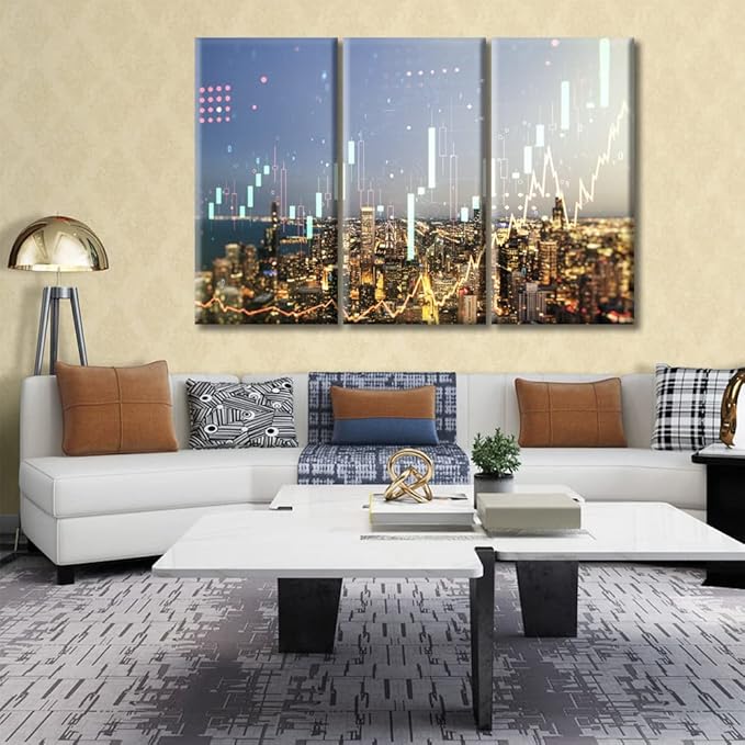 3 Panel Chicago Cityscape Background Financial and Trading Concept Canvas Wall Art Virtual Financial Graph Hologram Canvas Paintings Wall Decor for Living Room Framed Ready to Hang (60"Wx40"H)