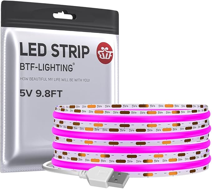 BTF-LIGHTING FCOB USB Powered Purple Color COB LED Strip Lights 9.8FT 960LEDs 5V 8mm Width 90+ High CRI Ultra Bright Flexible Light for TV Backlight Display Cabinet PC DIY Decor
