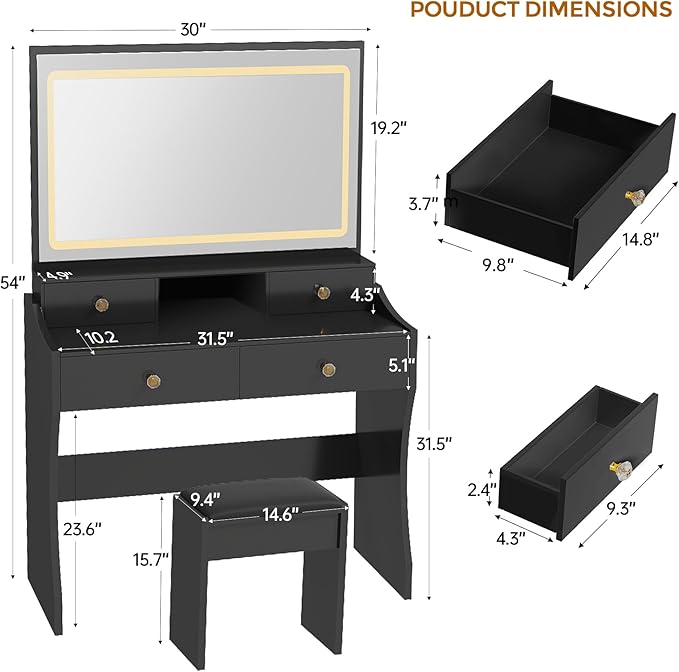 COMHOMA Makeup Vanity Desk with Mirror and Lights, Vanity Table and Chair Set with 4 Drawers and Charging Station, Bedroom Dresser LED Mirror Stepless Dimmable & 3 Color Modes Adjustable, Black