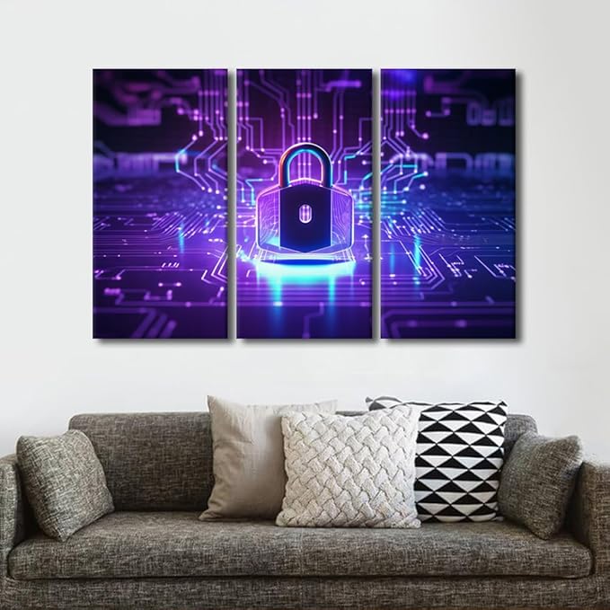TUMOVO Large Canvas Wall Art Cyber Security Concept Picture Posters for Home Wall Decoration, Padlock on Circuit Board Neon Pictures Print On Canvas Wall Art, Ready to Hang, 60" Wx40 H