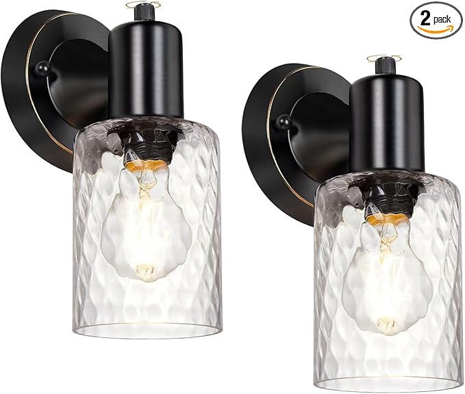Wall Sconces Set of 2 - Matte Black Vanity Lights for Bathroom Modern Wall Light Fixtures with Rotary Switch - Wall Mount Light with Hammered Glass,Farmhouse Wall Lamp for Bedroom Mirror Living Room